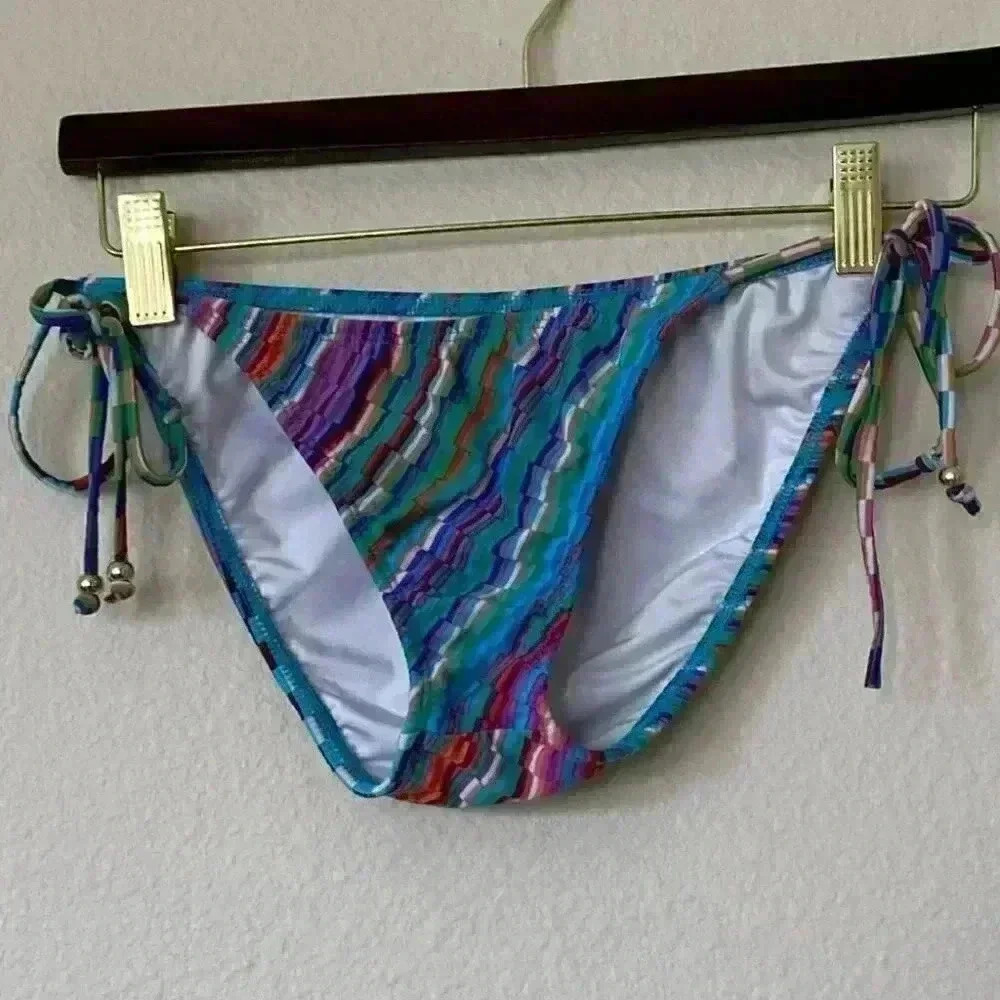 Multicolor Bikini Bottom Striped Side Tie w Beads Size Medium
